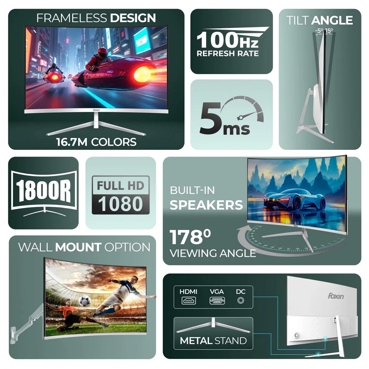 Foxin LED Monitor 24" Curved FHD 100Hz with Speaker (Elite Pro 24) view 2